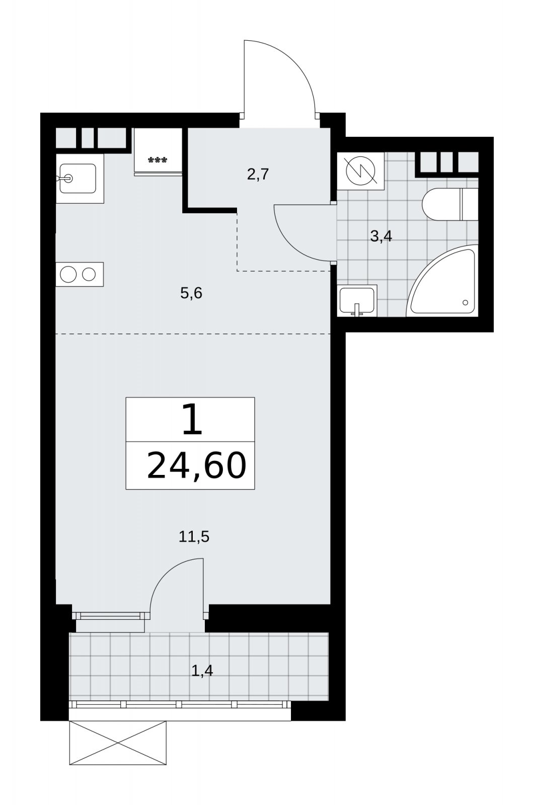 Студия с частичной отделкой, 24.6 м2, 4 этаж, сдача 4 квартал 2025 г., ЖК Бунинские кварталы, корпус 3.4 - объявление 2152045 - фото №1