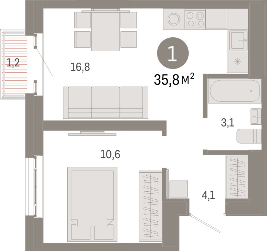 1-комнатная квартира 35.8 м2, 17 этаж, сдача 3 квартал 2026 г., ЖК Квартал Метроном, корпус 1 - объявление 2386356 - фото №1