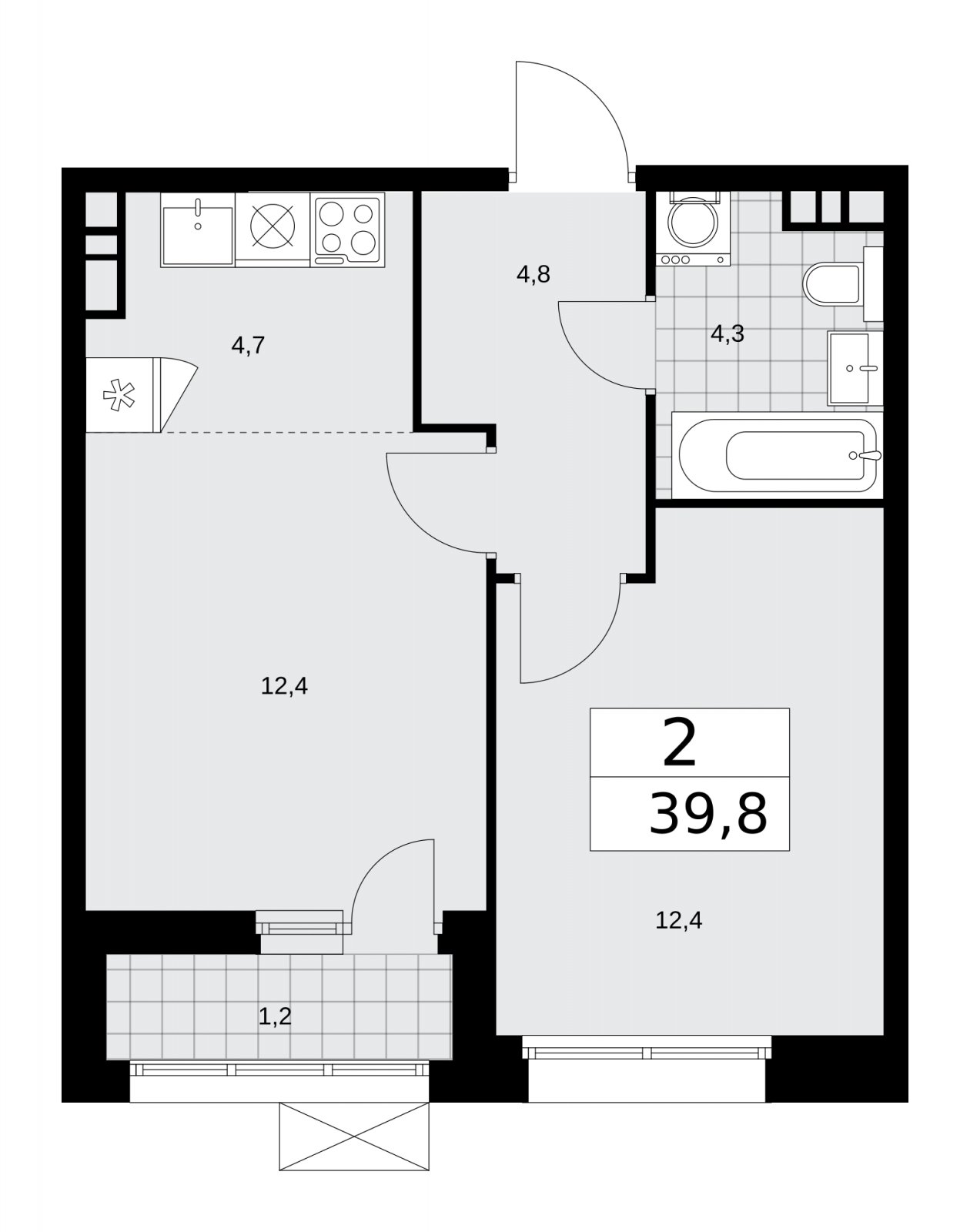 2-комнатная квартира (евро) без отделки, 39.8 м2, 4 этаж, сдача 4 квартал 2025 г., ЖК Бунинские кварталы, корпус 6.4 - объявление 2252718 - фото №1