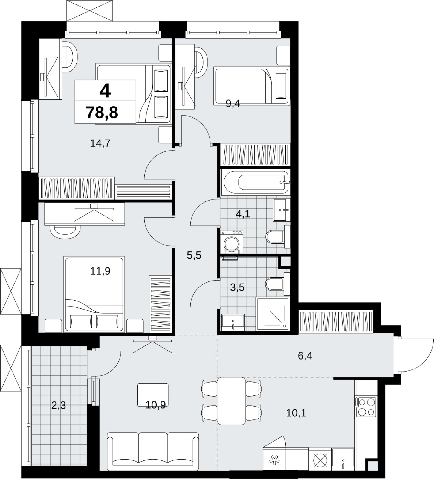 4-комнатная квартира (евро) без отделки, 78.8 м2, 2 этаж, сдача 4 квартал 2026 г., ЖК Скандинавия, корпус 2.18.2.6 - объявление 2351709 - фото №1
