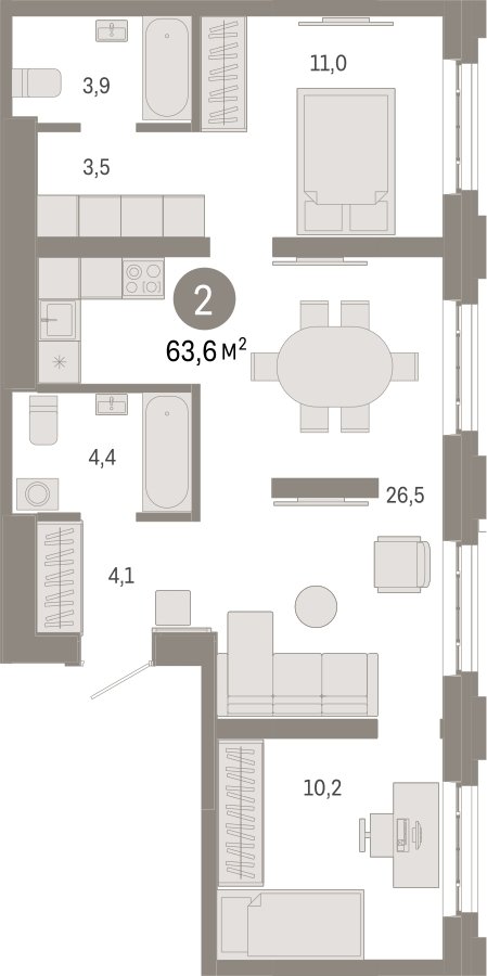 2-комнатная квартира 63.6 м2, 3 этаж, сдача 3 квартал 2026 г., ЖК Квартал Метроном, корпус 1 - объявление 2310878 - фото №1