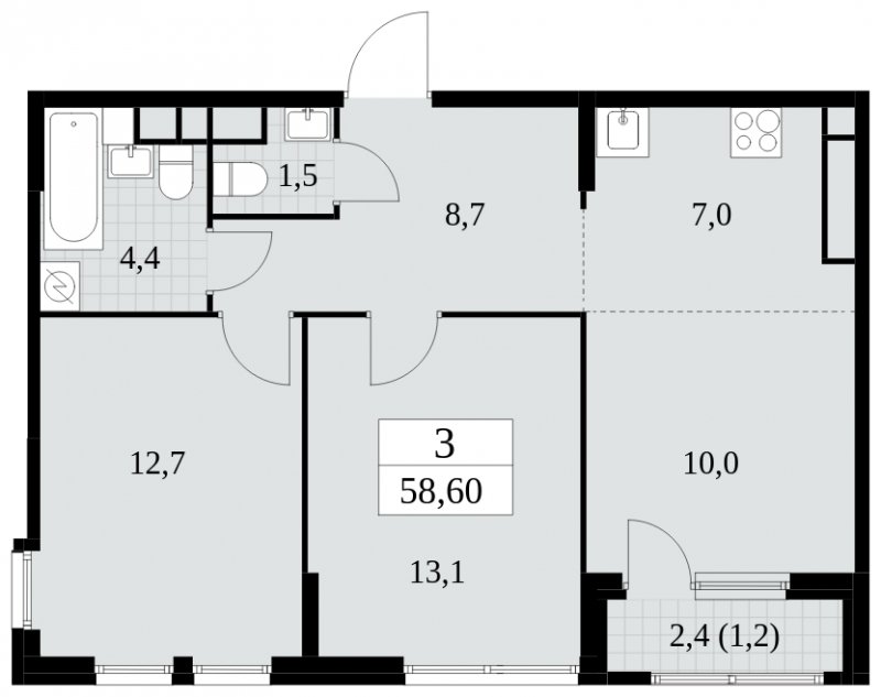 3-комнатная квартира (евро) с частичной отделкой, 58.6 м2, 23 этаж, сдача 2 квартал 2025 г., ЖК Южные сады, корпус 2.2 - объявление 1757624 - фото №1