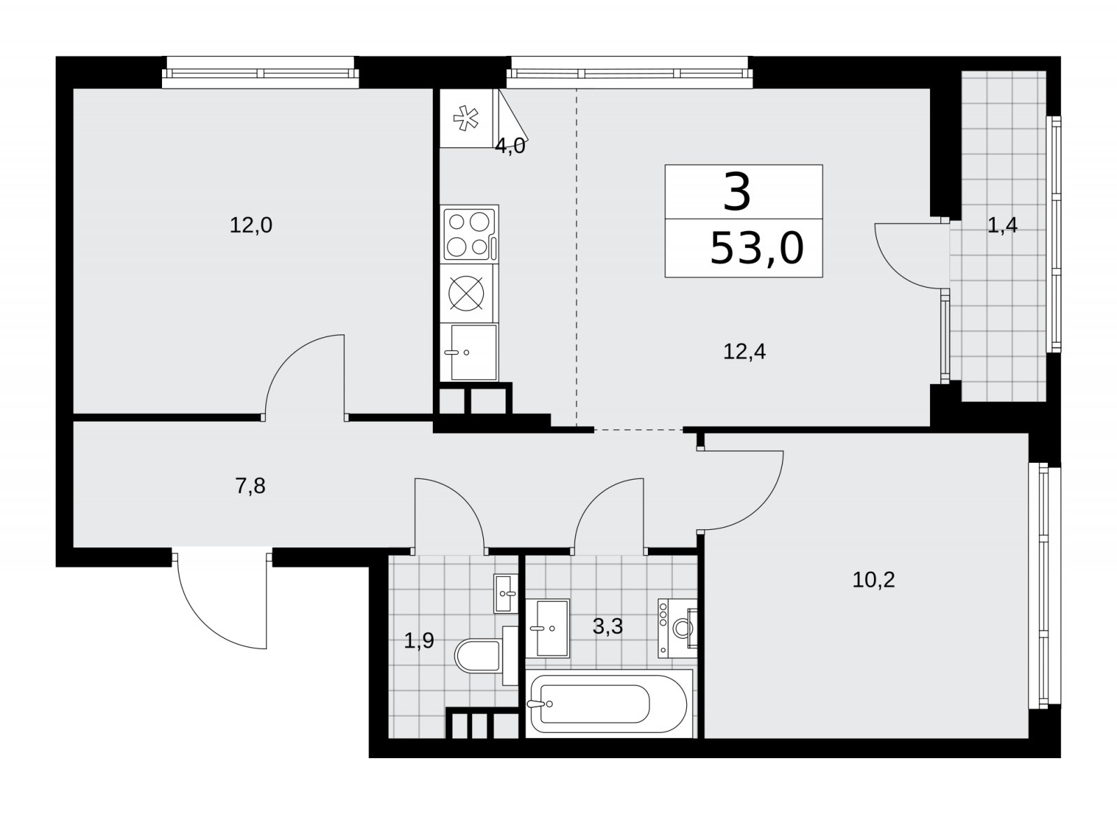 3-комнатная квартира (евро) с частичной отделкой, 53 м2, 13 этаж, сдача 2 квартал 2026 г., ЖК Деснаречье, корпус 4.4 - объявление 2264314 - фото №1