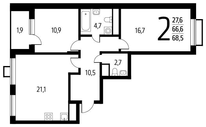 2-комнатная квартира с полной отделкой, 68.5 м2, 6 этаж, дом сдан, ЖК Новые Ватутинки. Центральный, корпус 9/2/2.1 - объявление 2378074 - фото №1