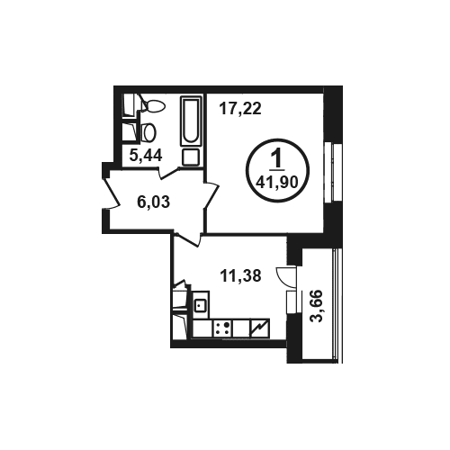 1-комнатная квартира с полной отделкой, 41.9 м2, 5 этаж, дом сдан, ЖК Петра Алексеева, 12А, корпус 4 - объявление 1756588 - фото №1