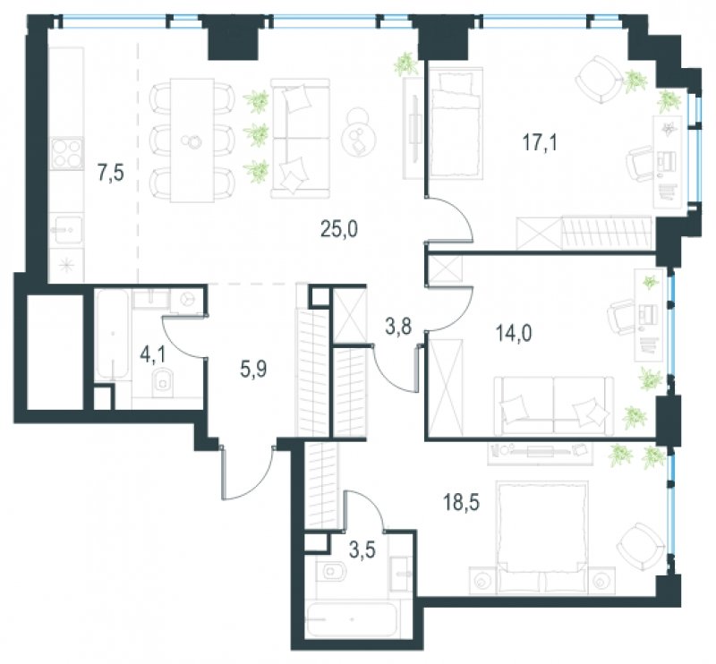 4-комнатная квартира без отделки, 95.6 м2, 42 этаж, сдача 2 квартал 2025 г., ЖК Level Мичуринский, корпус 1 - объявление 1775255 - фото №1