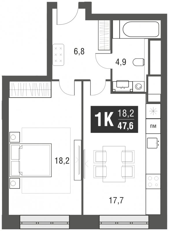 1-комнатная квартира с частичной отделкой, 47.6 м2, 47 этаж, сдача 2 квартал 2024 г., ЖК AFI Tower, корпус 1 - объявление 1930880 - фото №1