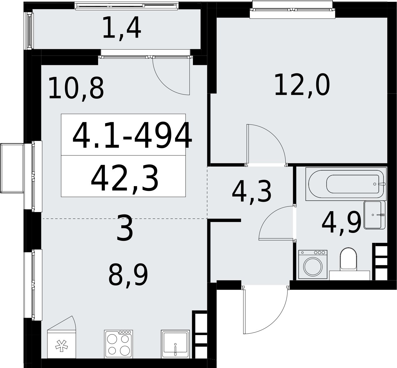 2-комнатная квартира (евро) с полной отделкой, 42.3 м2, 15 этаж, сдача 2 квартал 2027 г., ЖК Южные сады, корпус 4.1.2 - объявление 2392999 - фото №1