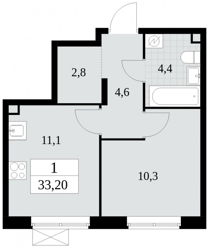 1-комнатная квартира с частичной отделкой, 33.2 м2, 2 этаж, сдача 2 квартал 2025 г., ЖК Прокшино, корпус 5.1.2 - объявление 1860203 - фото №1