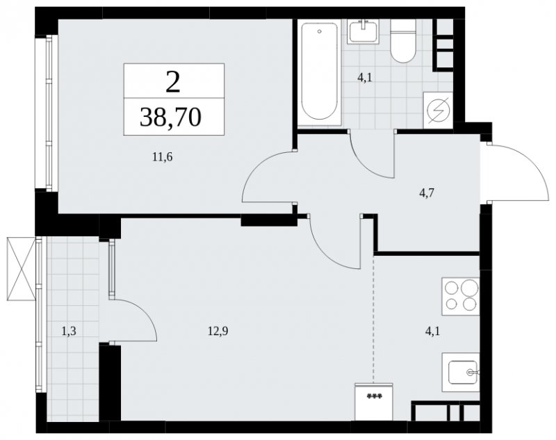 2-комнатная квартира (евро) без отделки, 38.7 м2, 7 этаж, сдача 2 квартал 2025 г., ЖК Дзен-кварталы, корпус 2.4 - объявление 1932847 - фото №1
