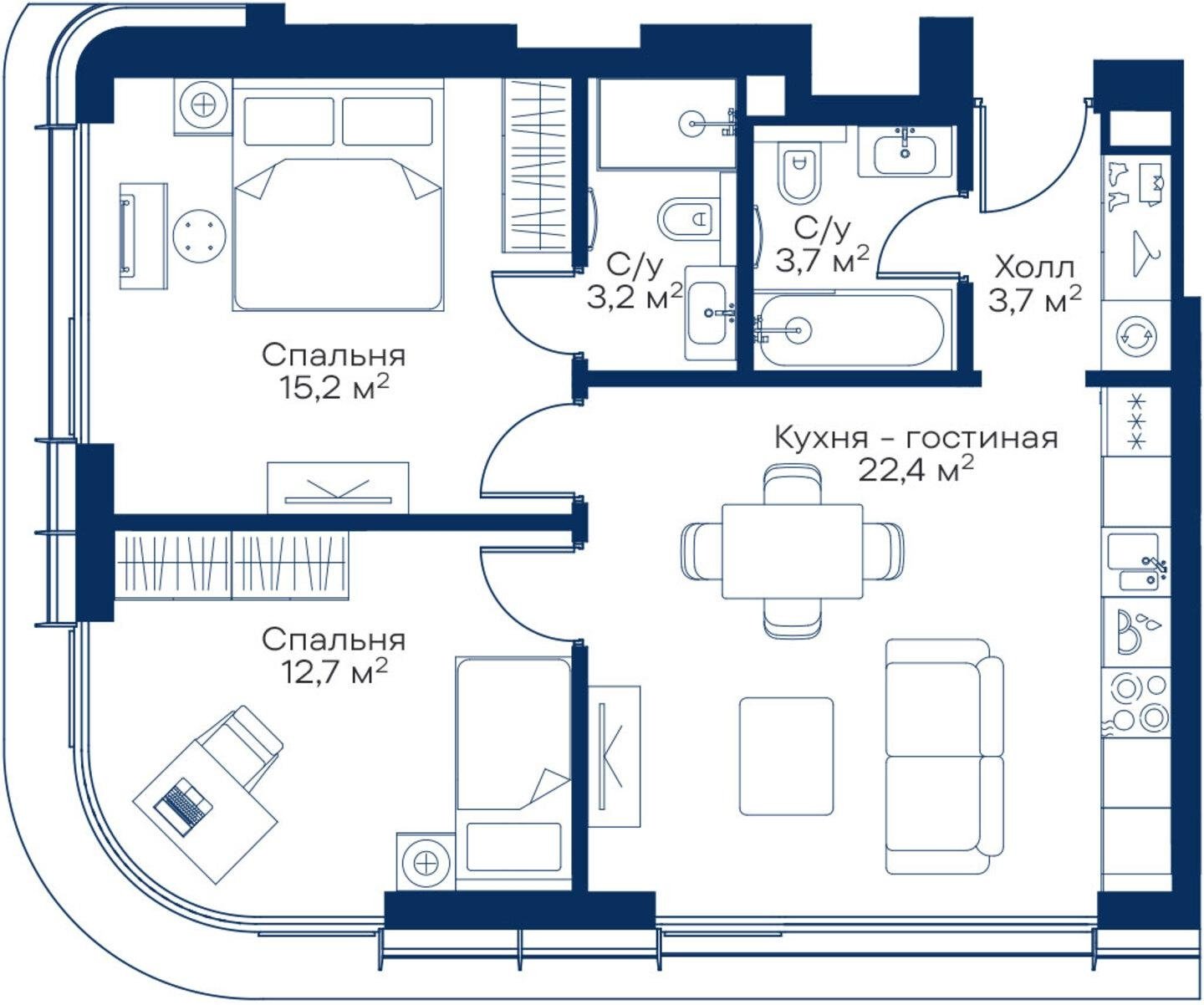 2-комнатная квартира с частичной отделкой, 60.9 м2, 34 этаж, сдача 3 квартал 2025 г., ЖК City Bay, корпус Atlantic Ocean 3 - объявление 2214014 - фото №1
