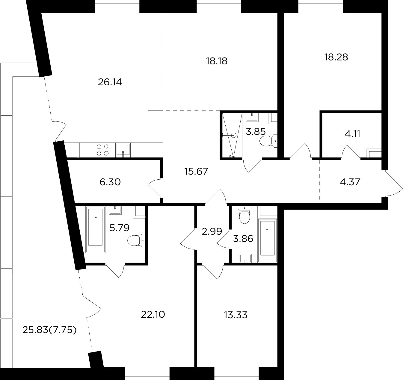 4-комнатная квартира без отделки, 152.72 м2, 15 этаж, дом сдан, ЖК FORIVER, корпус 2 - объявление 2351928 - фото №1