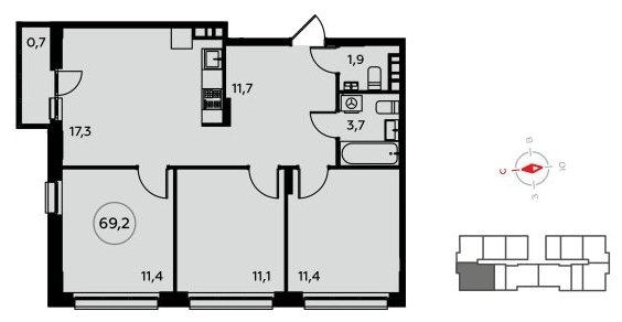 3-комнатная квартира без отделки, 69.4 м2, 4 этаж, сдача 4 квартал 2022 г., ЖК Белые ночи, корпус 3.2 - объявление 1826066 - фото №1