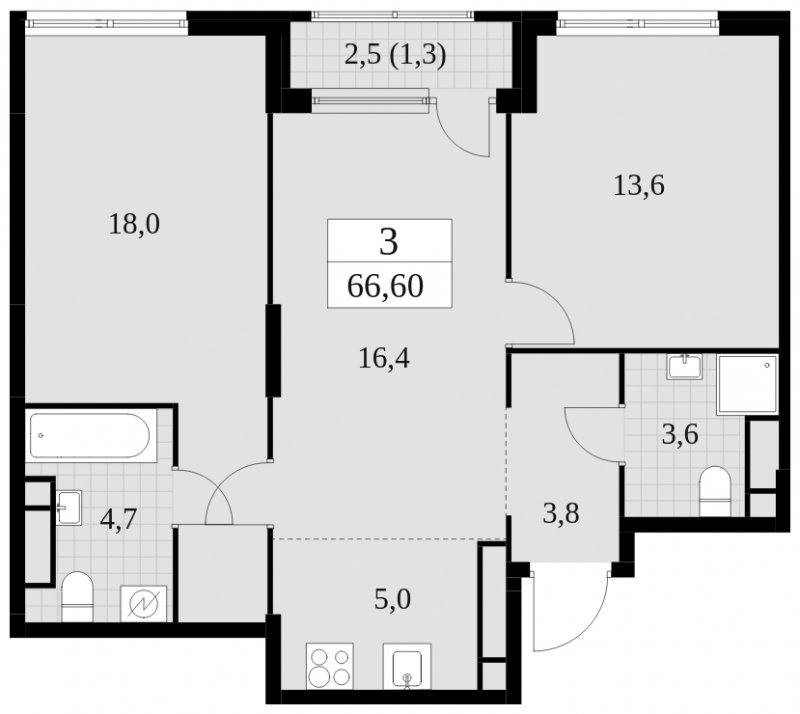 3-комнатная квартира (евро) без отделки, 66.4 м2, 30 этаж, сдача 2 квартал 2025 г., ЖК Южные сады, корпус 2.3 - объявление 1758290 - фото №1