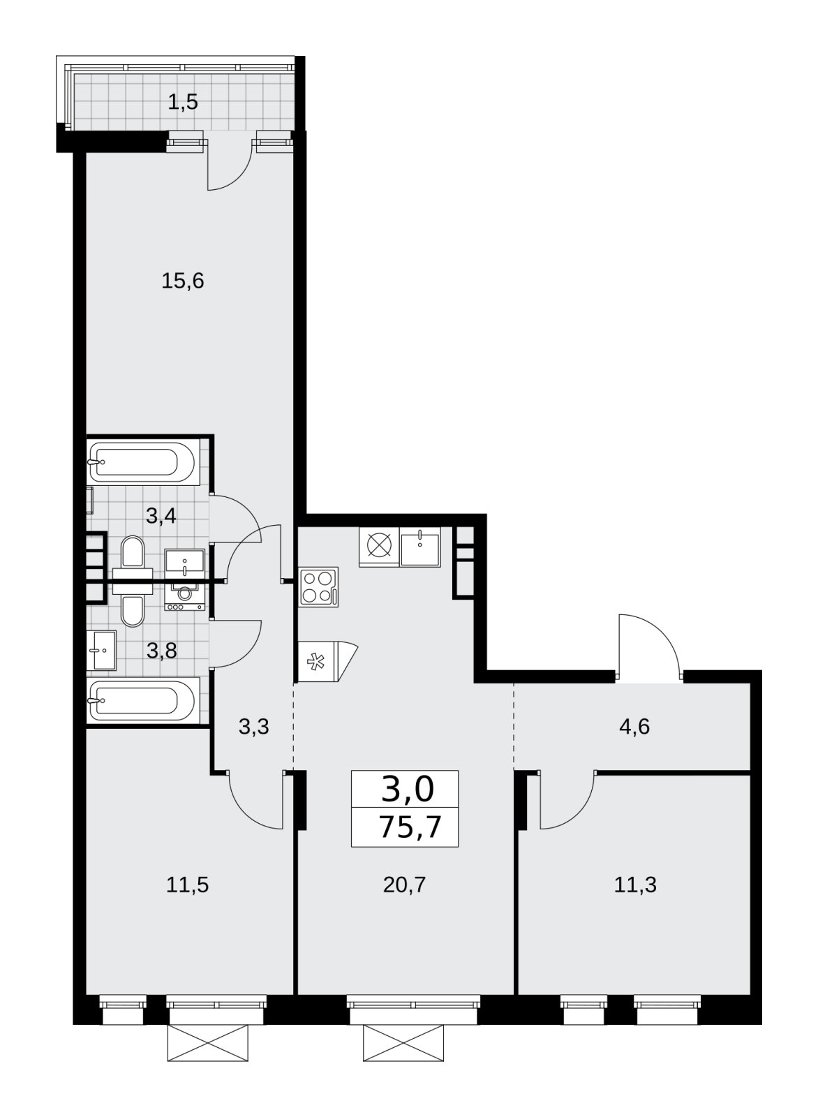 3-комнатная квартира без отделки, 75.7 м2, 12 этаж, сдача 1 квартал 2026 г., ЖК Прокшино, корпус 10.1.2 - объявление 2227205 - фото №1