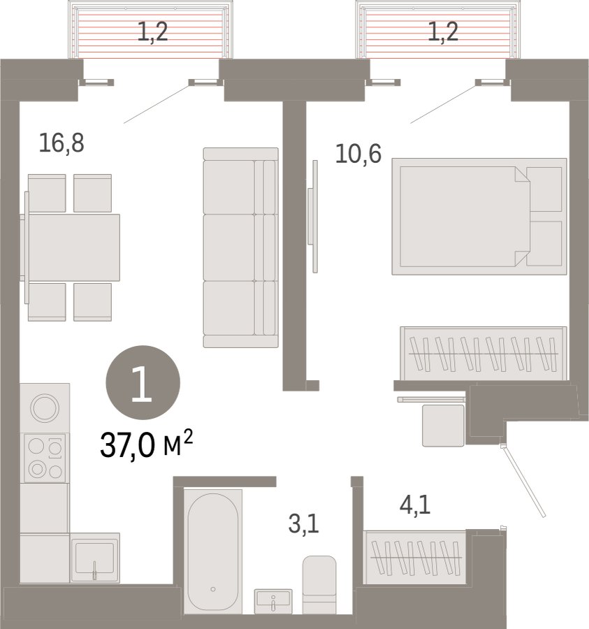 1-комнатная квартира 37 м2, 24 этаж, сдача 3 квартал 2026 г., ЖК Квартал Метроном, корпус 1 - объявление 2380908 - фото №1