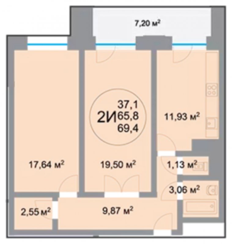 2-комнатная квартира 69.35 м2, 16 этаж, дом сдан, ЖК 28 микрорайон, корпус 2 - объявление 1348863 - фото №1