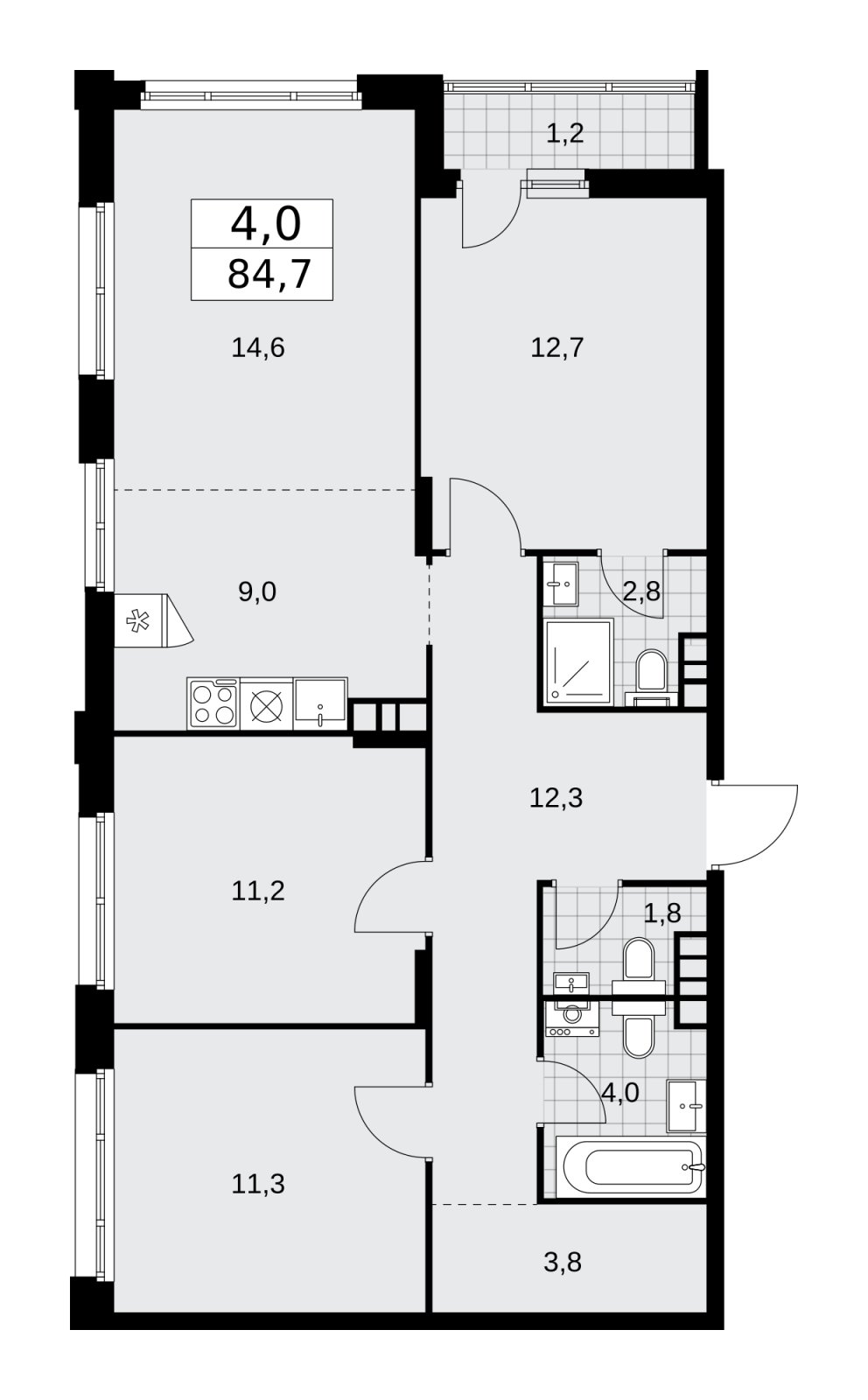 4-комнатная квартира без отделки, 84.7 м2, 12 этаж, сдача 1 квартал 2026 г., ЖК Прокшино, корпус 10.1.1 - объявление 2226809 - фото №1