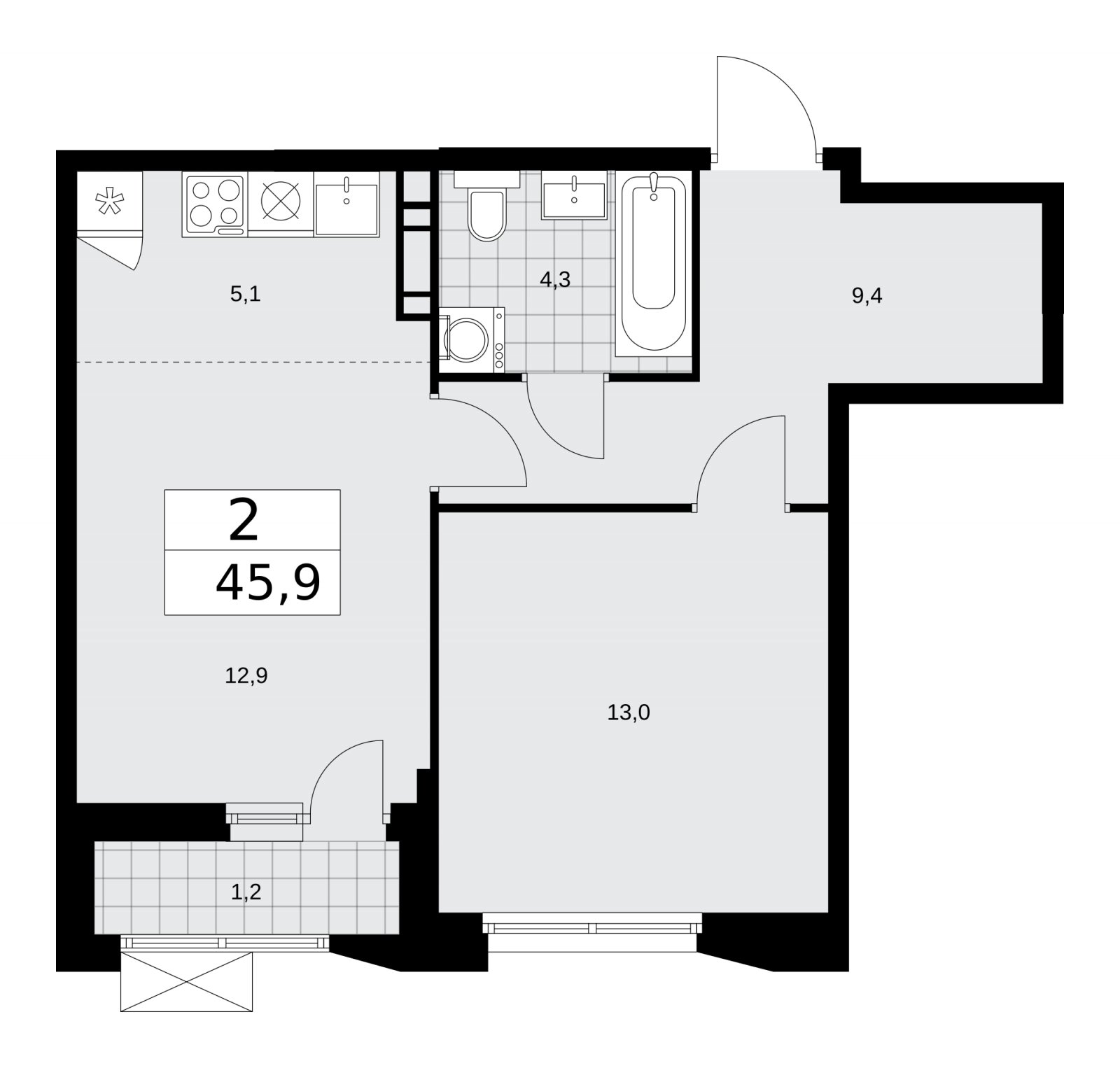 2-комнатная квартира (евро) без отделки, 45.9 м2, 7 этаж, сдача 4 квартал 2025 г., ЖК Бунинские кварталы, корпус 6.6 - объявление 2252974 - фото №1