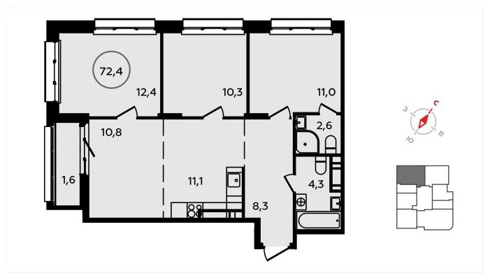 4-комнатная квартира (евро) без отделки, 72.4 м2, 13 этаж, сдача 3 квартал 2024 г., ЖК Скандинавия, корпус 22.1 - объявление 1625279 - фото №1