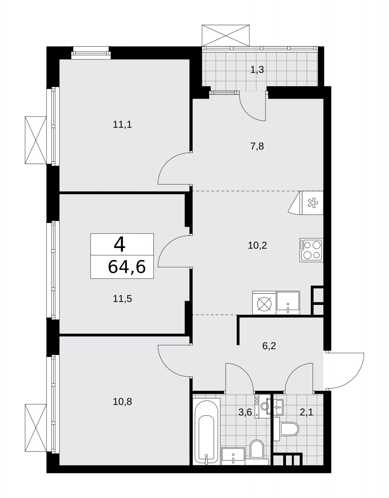 4-комнатная квартира (евро) с полной отделкой, 64.6 м2, 3 этаж, сдача 2 квартал 2026 г., ЖК Деснаречье, корпус 4.8 - объявление 2265201 - фото №1
