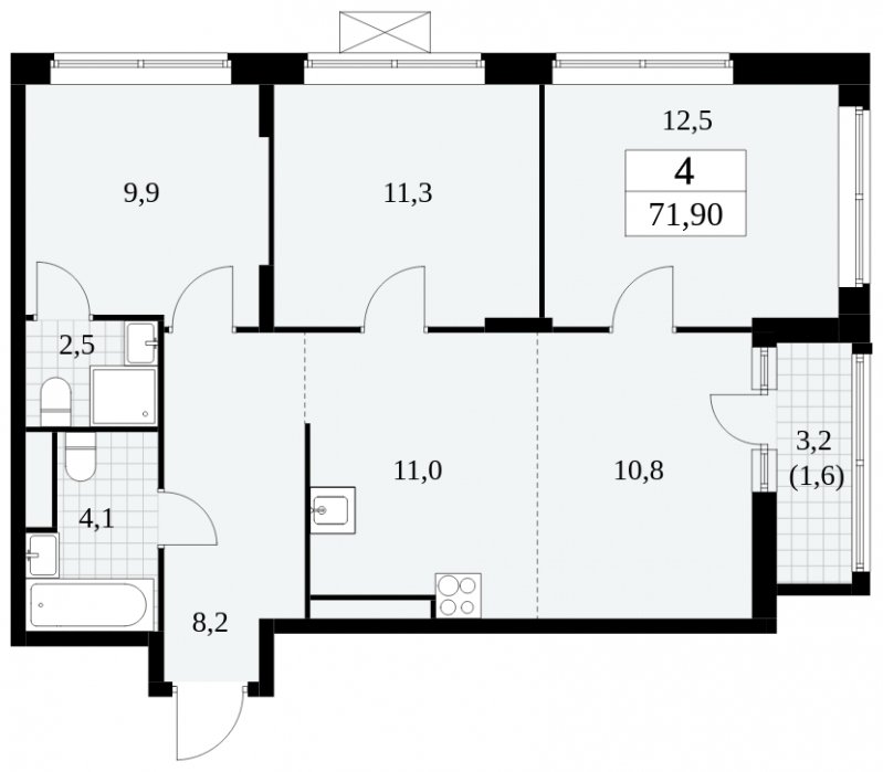 4-комнатная квартира (евро) без отделки, 71.9 м2, 16 этаж, сдача 3 квартал 2024 г., ЖК Прокшино, корпус 8.6 - объявление 1684584 - фото №1