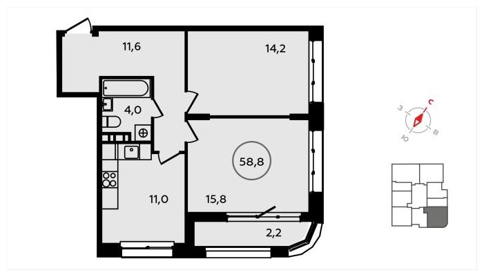 2-комнатная квартира без отделки, 58.8 м2, 4 этаж, сдача 3 квартал 2024 г., ЖК Скандинавия, корпус 22.1 - объявление 1625199 - фото №1