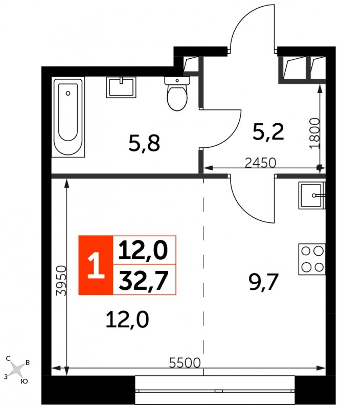 Студия с полной отделкой, 32.7 м2, 4 этаж, сдача 3 квартал 2024 г., ЖК Sydney City, корпус 2.1 - объявление 1762384 - фото №1