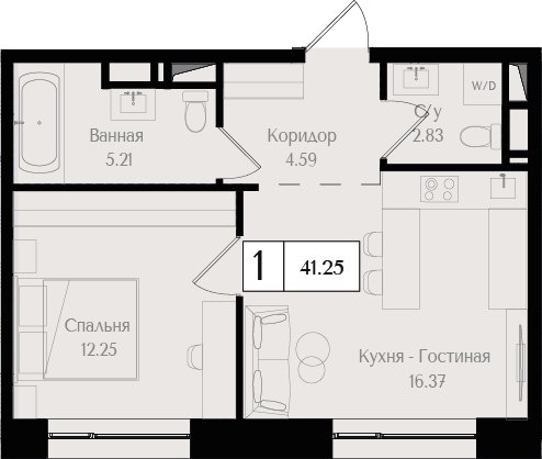 1-комнатная квартира без отделки, 41.25 м2, 7 этаж, сдача 3 квартал 2025 г., ЖК Преображенская площадь, корпус 3 - объявление 2287613 - фото №1