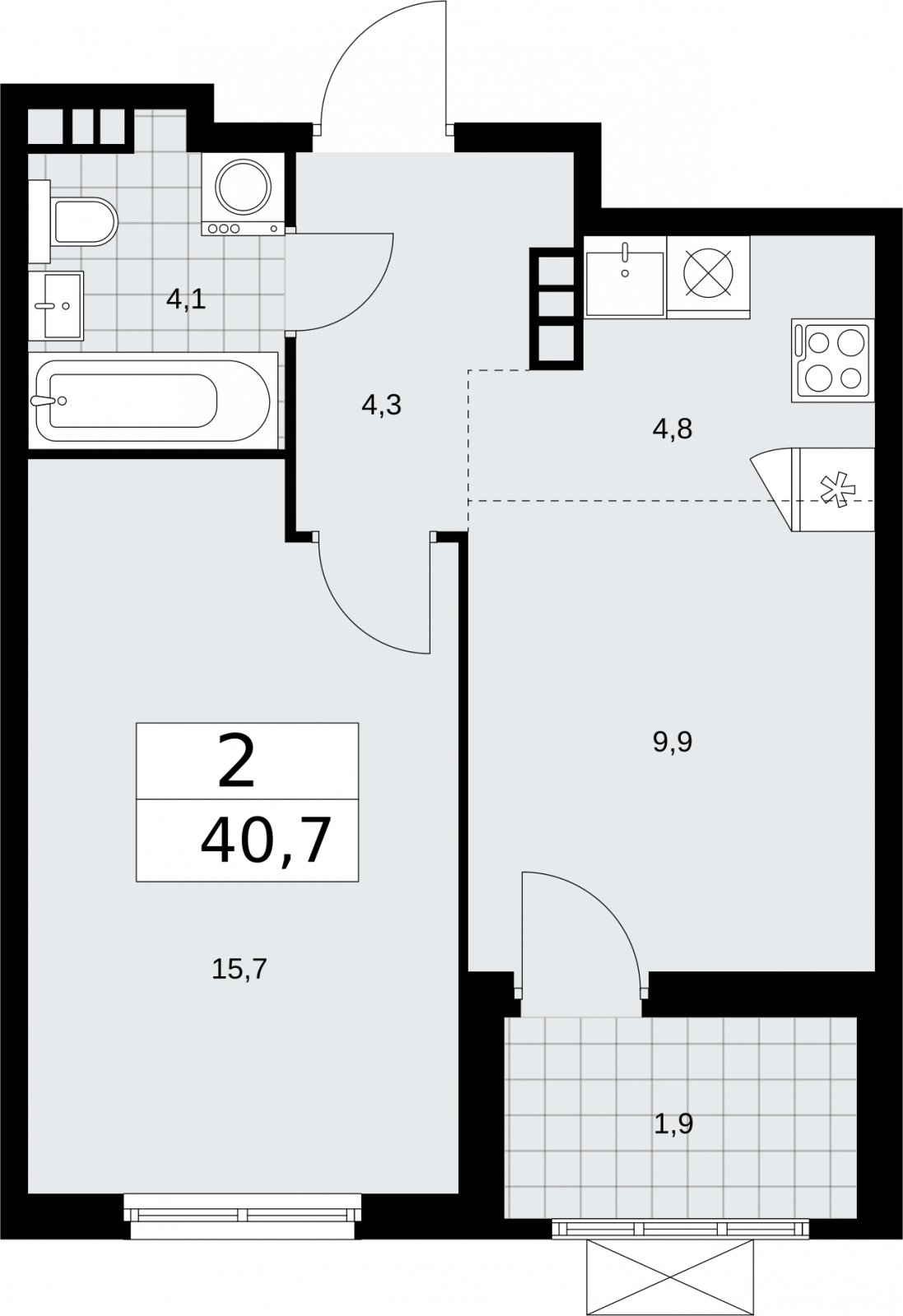 2-комнатная квартира (евро) без отделки, 40.7 м2, 4 этаж, сдача 2 квартал 2026 г., ЖК Бунинские кварталы, корпус 5.3 - объявление 2297516 - фото №1