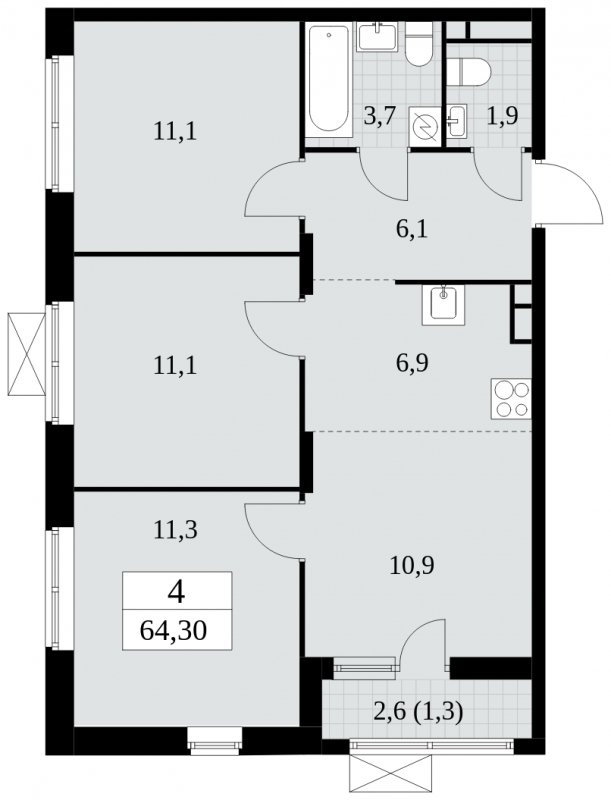 4-комнатная квартира (евро) с частичной отделкой, 64.3 м2, 8 этаж, сдача 2 квартал 2025 г., ЖК Прокшино, корпус 5.1.2 - объявление 1860241 - фото №1