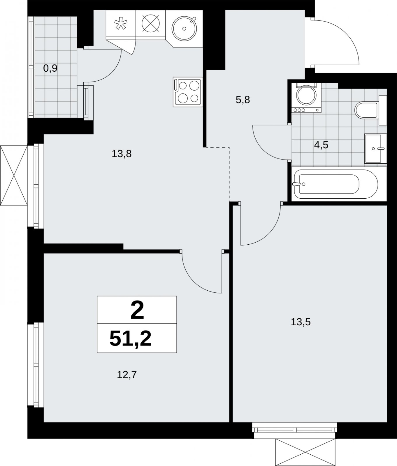 2-комнатная квартира без отделки, 51.2 м2, 12 этаж, сдача 2 квартал 2026 г., ЖК Дзен-кварталы, корпус 6.1.1 - объявление 2327202 - фото №1