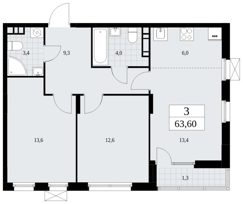 3-комнатная квартира (евро) без отделки, 63.6 м2, 6 этаж, сдача 2 квартал 2025 г., ЖК Дзен-кварталы, корпус 2.4 - объявление 1932706 - фото №1