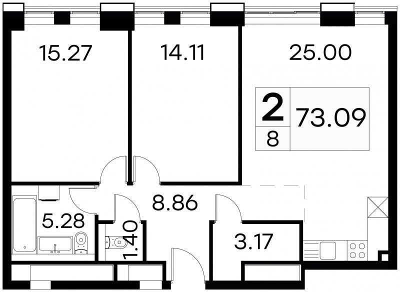 2-комнатные апартаменты с частичной отделкой, 73.09 м2, 2 этаж, сдача 3 квартал 2024 г., ЖК GloraX Aura Белорусская, корпус 1 - объявление 1708705 - фото №1