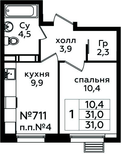 1-комнатная квартира с полной отделкой, 31 м2, 10 этаж, сдача 1 квартал 2025 г., ЖК Эко Бунино, корпус Я-10-11 - объявление 2060097 - фото №1