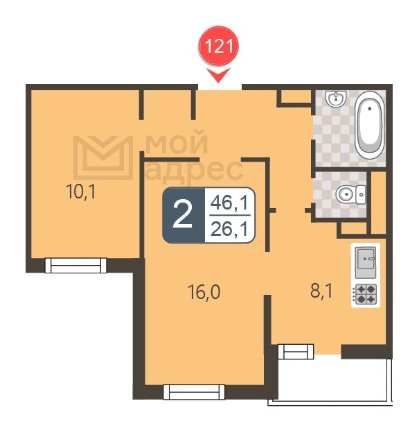 2-комнатная квартира с полной отделкой, 46.1 м2, 9 этаж, дом сдан, ЖК мой адрес В Зеленограде, корпус 2044 - объявление 1745262 - фото №1