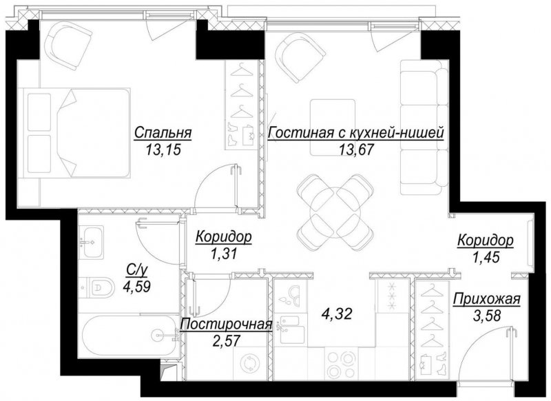 1-комнатная квартира с частичной отделкой, 44.6 м2, 13 этаж, сдача 1 квартал 2023 г., ЖК Hide, корпус RiverSide - объявление 1756834 - фото №1