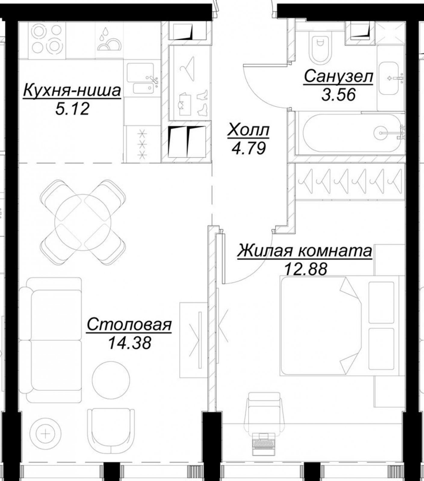1-комнатная квартира с частичной отделкой, 40.65 м2, 32 этаж, сдача 4 квартал 2024 г., ЖК MOD, корпус Camus - объявление 2191369 - фото №1