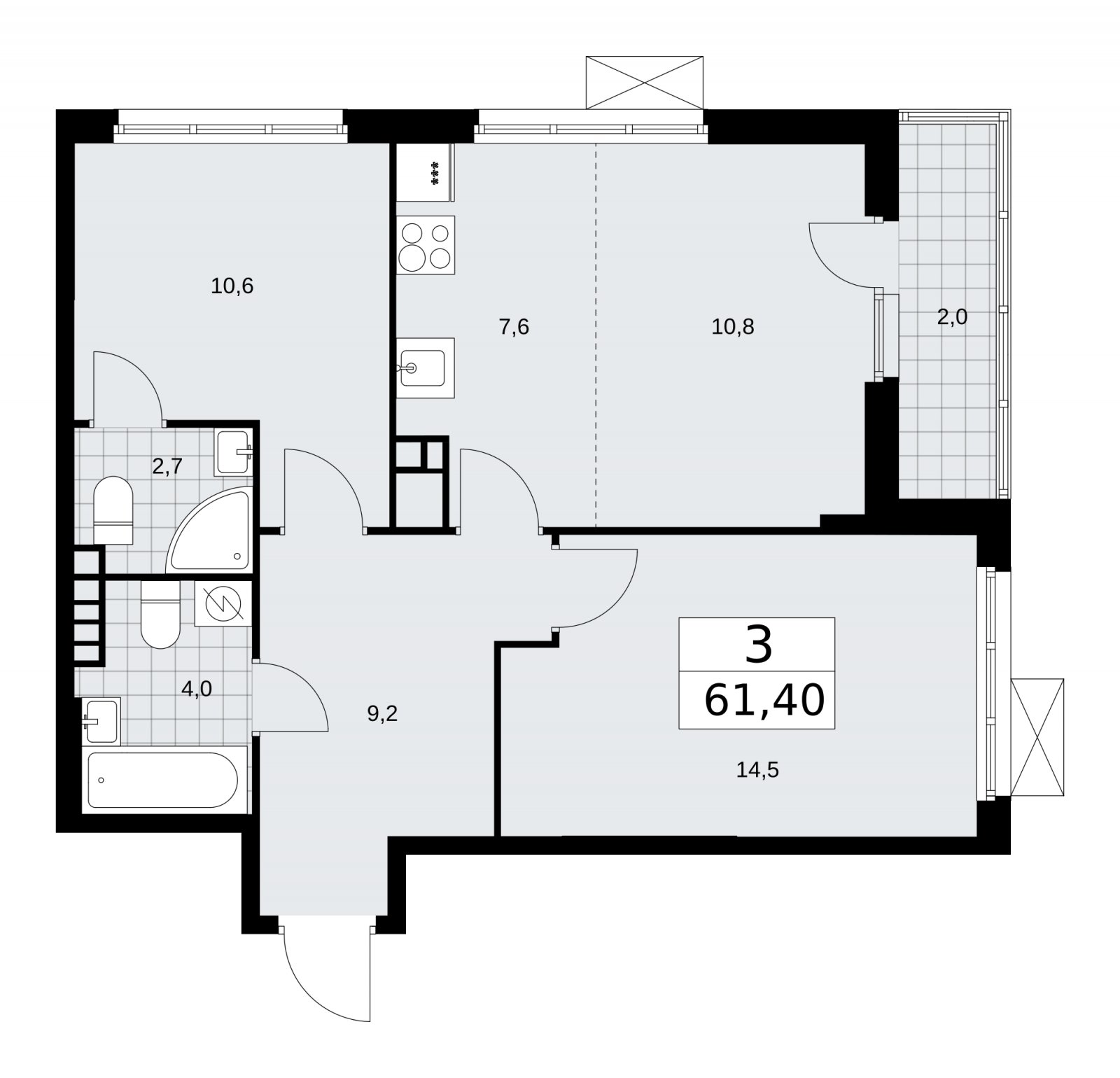 3-комнатная квартира (евро) без отделки, 61.4 м2, 4 этаж, сдача 3 квартал 2025 г., ЖК Бунинские кварталы, корпус 3.2 - объявление 2151829 - фото №1