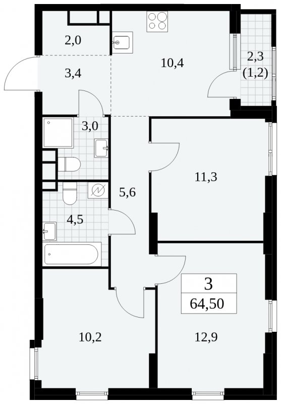 3-комнатная квартира с полной отделкой, 64.5 м2, 3 этаж, сдача 2 квартал 2025 г., ЖК Южные сады, корпус 2.2 - объявление 1757469 - фото №1