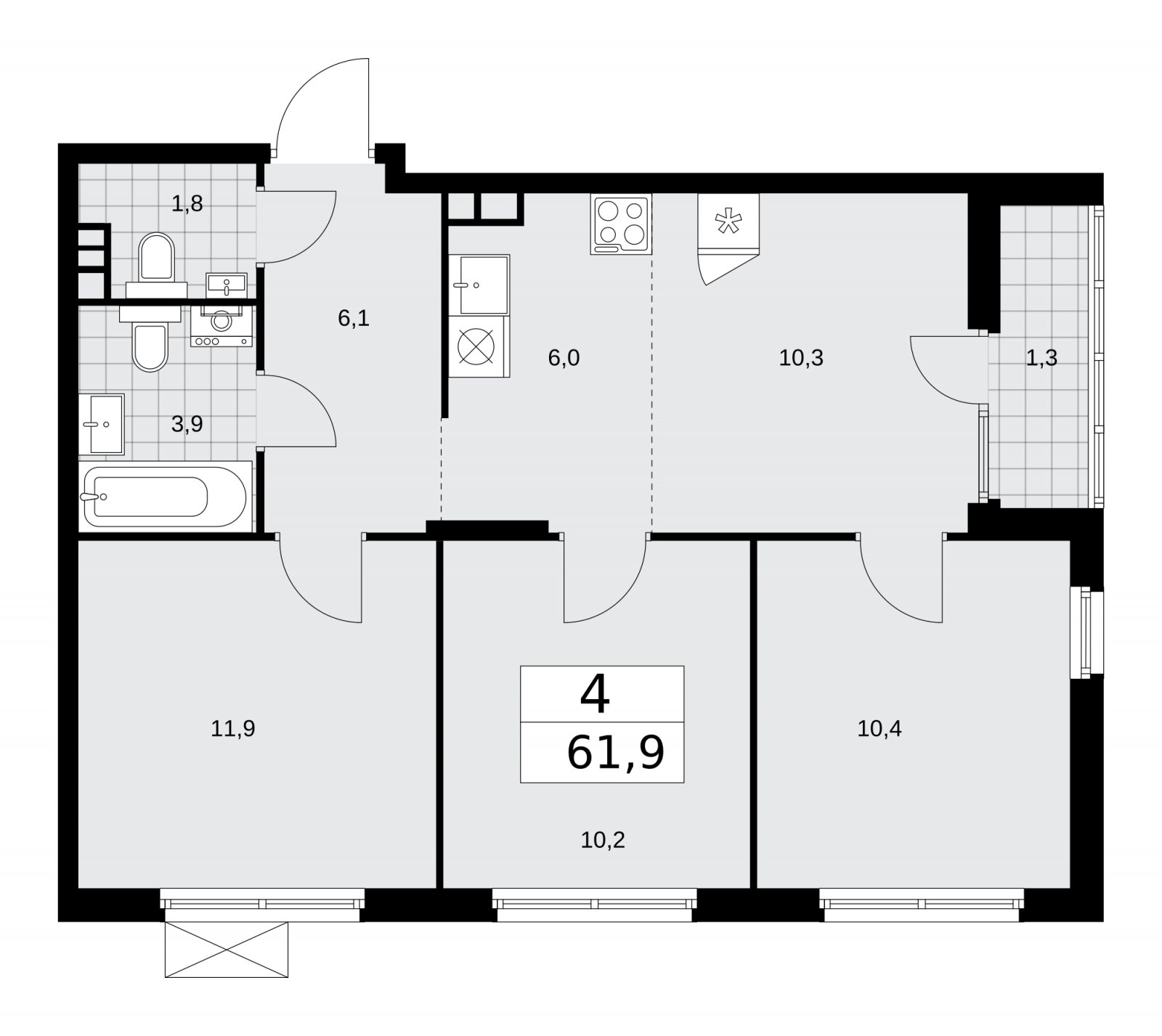 4-комнатная квартира (евро) с полной отделкой, 61.9 м2, 12 этаж, сдача 2 квартал 2026 г., ЖК Деснаречье, корпус 4.7 - объявление 2264975 - фото №1