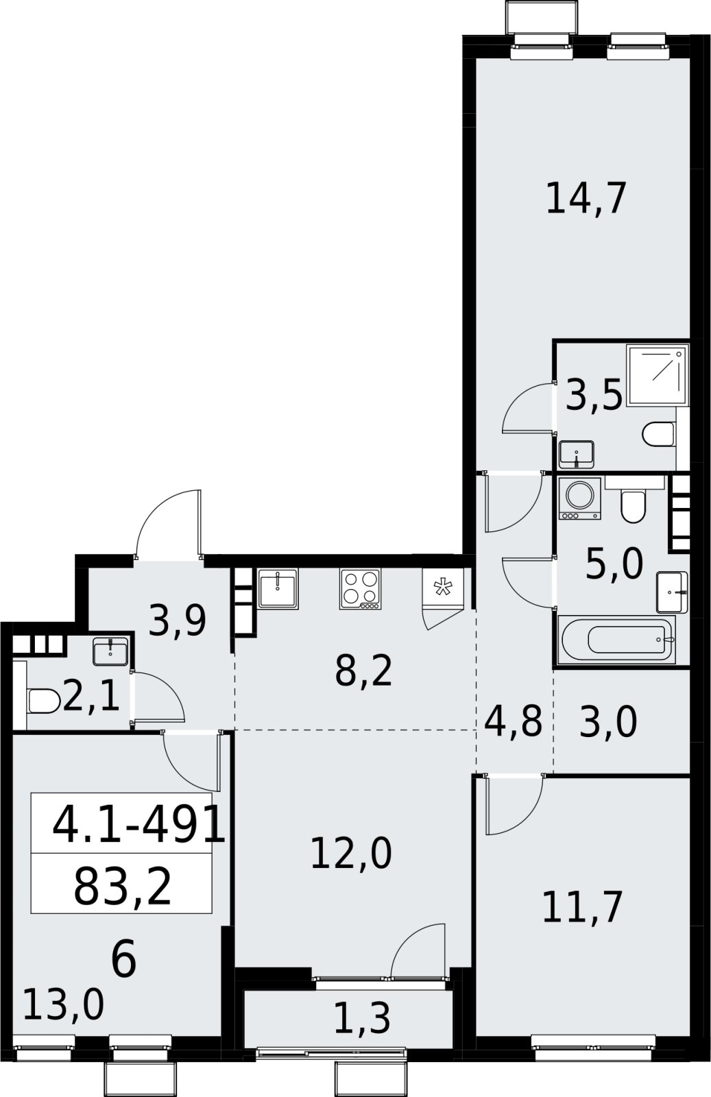 4-комнатная квартира (евро) с полной отделкой, 83.2 м2, 14 этаж, сдача 2 квартал 2027 г., ЖК Южные сады, корпус 4.1.2 - объявление 2392996 - фото №1