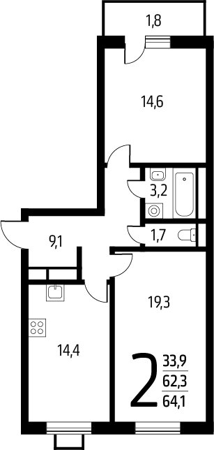 2-комнатная квартира с полной отделкой, 64.1 м2, 4 этаж, сдача 1 квартал 2025 г., ЖК Новые Ватутинки. Заречный, корпус 5/2 - объявление 2272199 - фото №1