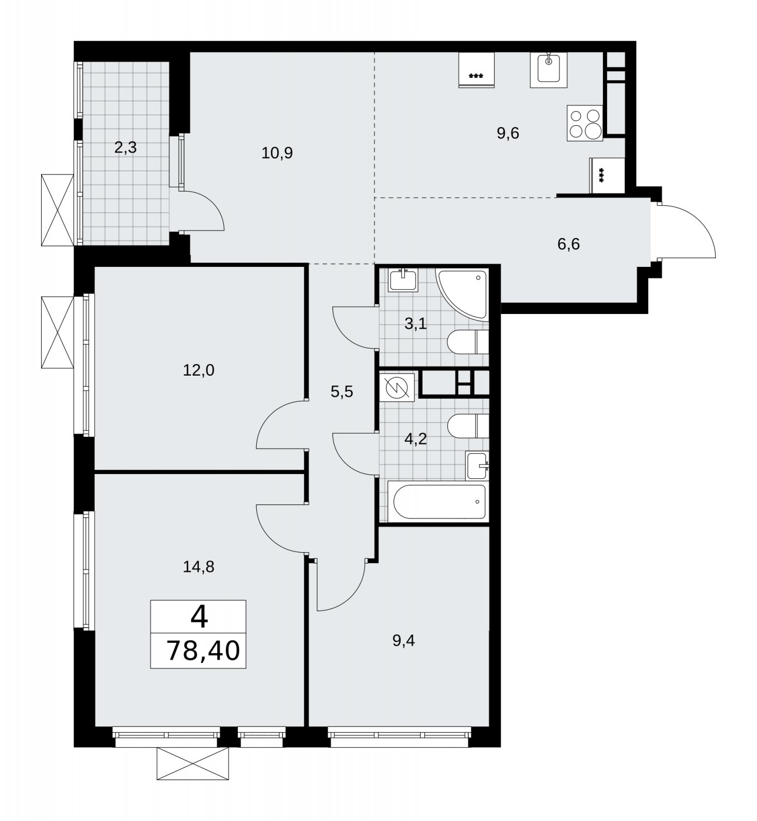 4-комнатная квартира (евро) с частичной отделкой, 78.4 м2, 13 этаж, сдача 4 квартал 2025 г., ЖК Бунинские кварталы, корпус 3.5 - объявление 2152221 - фото №1