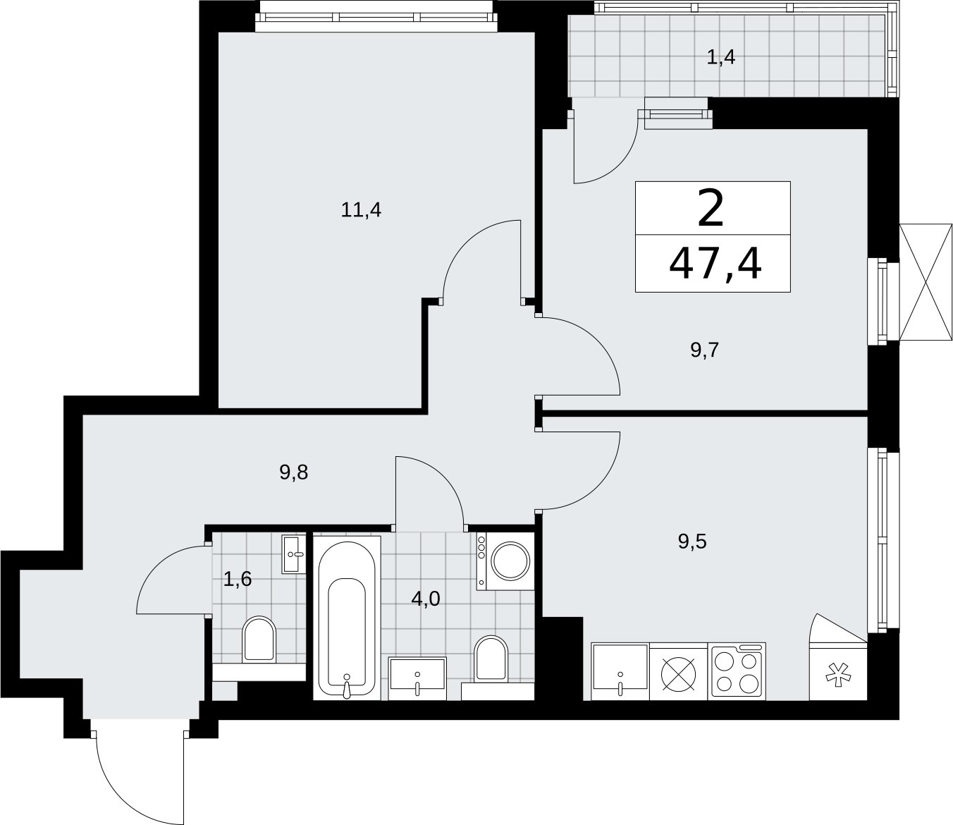 2-комнатная квартира без отделки, 47.4 м2, 4 этаж, сдача 2 квартал 2026 г., ЖК Бунинские кварталы, корпус 7.3 - объявление 2313655 - фото №1