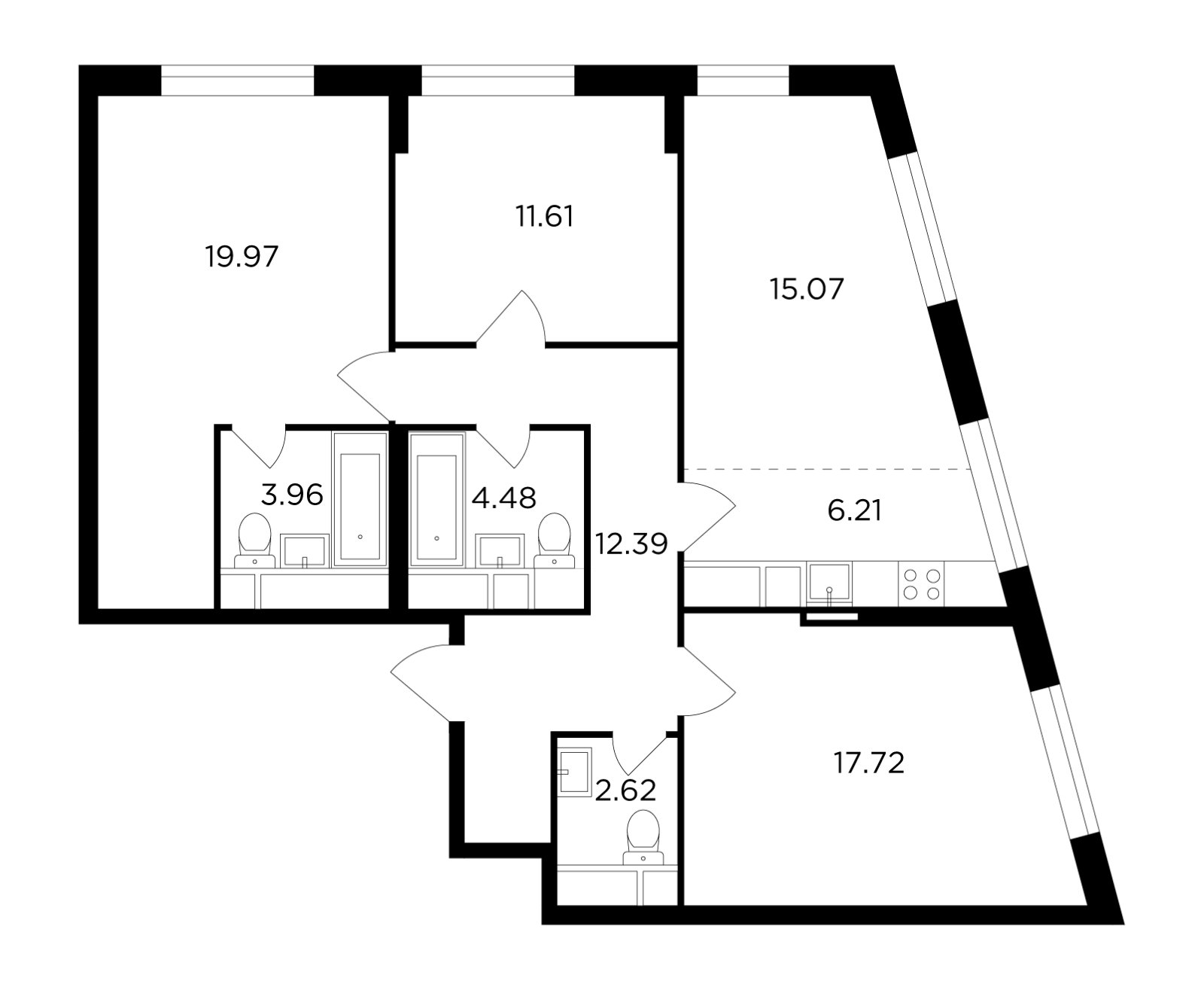 4-комнатная квартира без отделки, 94.03 м2, 13 этаж, дом сдан, ЖК КутузовGRAD 2, корпус 3 - объявление 2355105 - фото №1