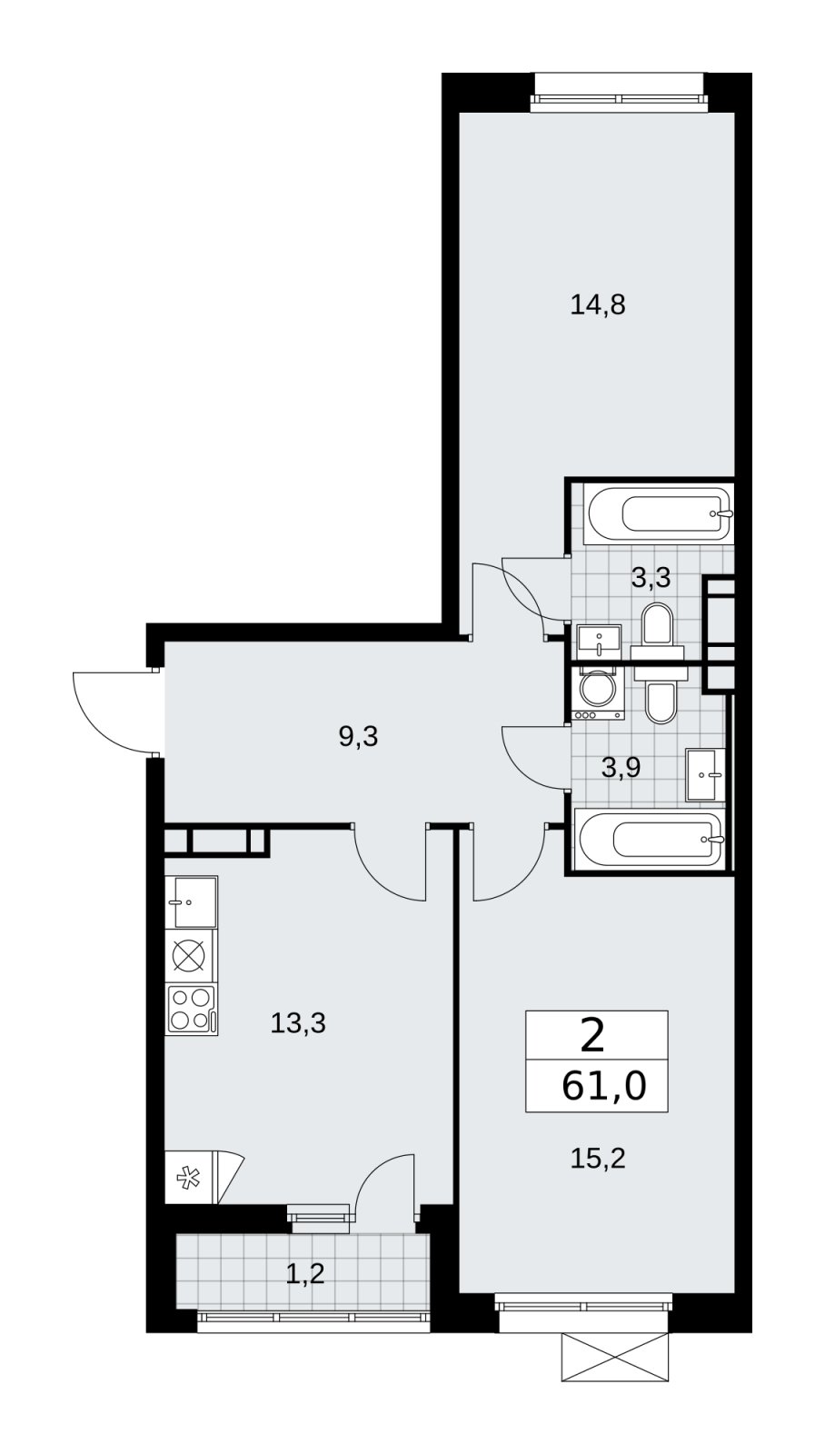 2-комнатная квартира без отделки, 61 м2, 9 этаж, сдача 2 квартал 2026 г., ЖК Скандинавия, корпус 25.4 - объявление 2284172 - фото №1
