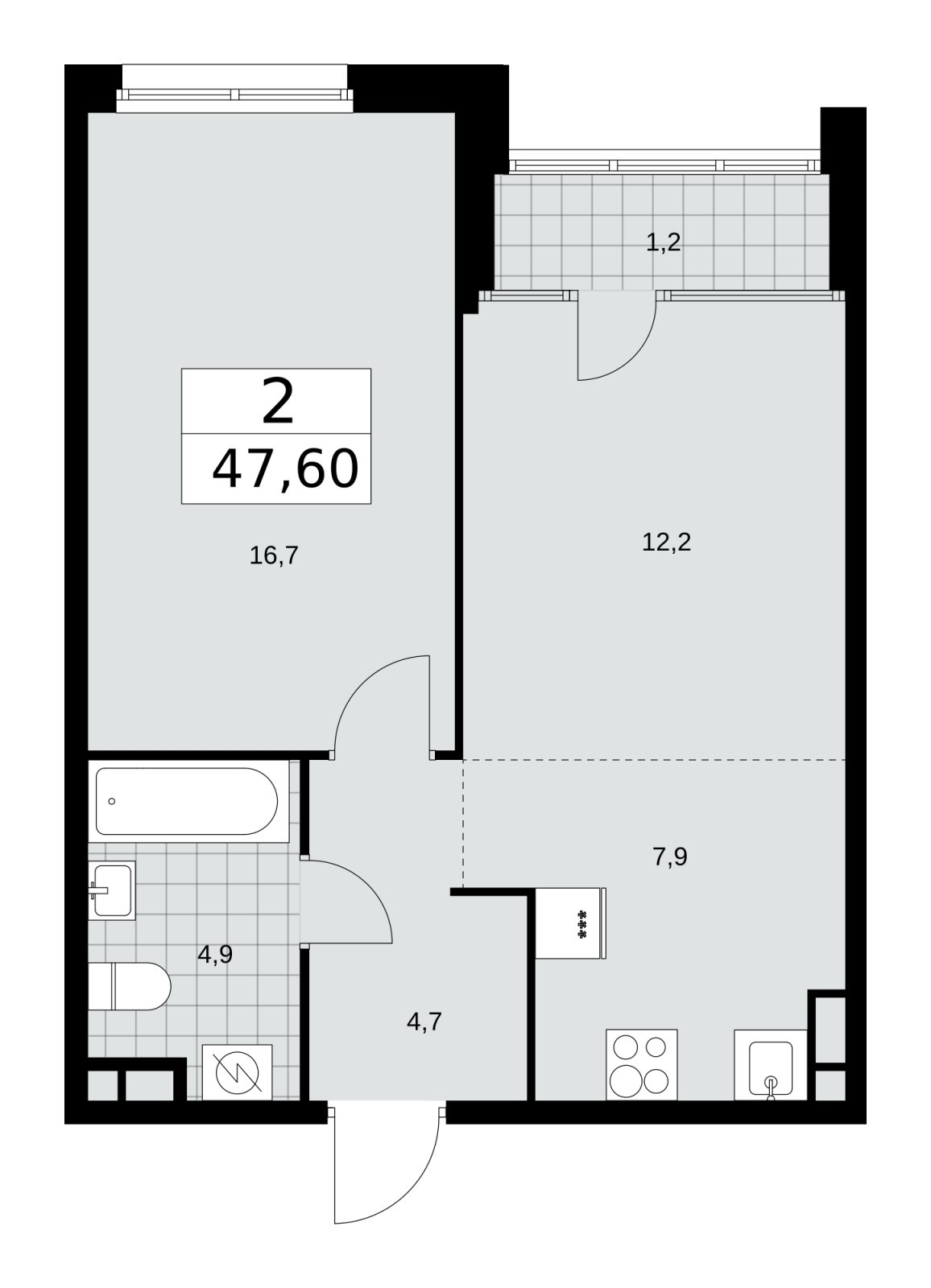 2-комнатная квартира (евро) с частичной отделкой, 47.6 м2, 11 этаж, сдача 1 квартал 2026 г., ЖК Дом на Зорге, корпус 25 - объявление 2221096 - фото №1