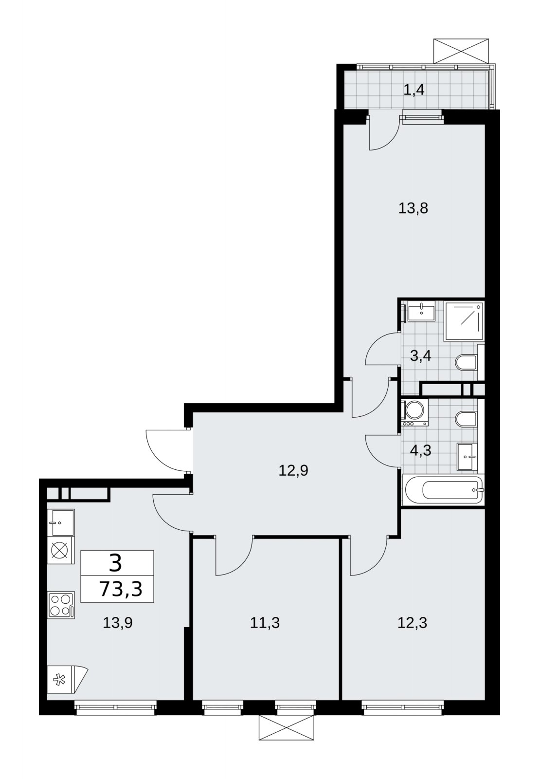3-комнатная квартира без отделки, 73.3 м2, 10 этаж, сдача 1 квартал 2026 г., ЖК Прокшино, корпус 11.2.1 - объявление 2269877 - фото №1