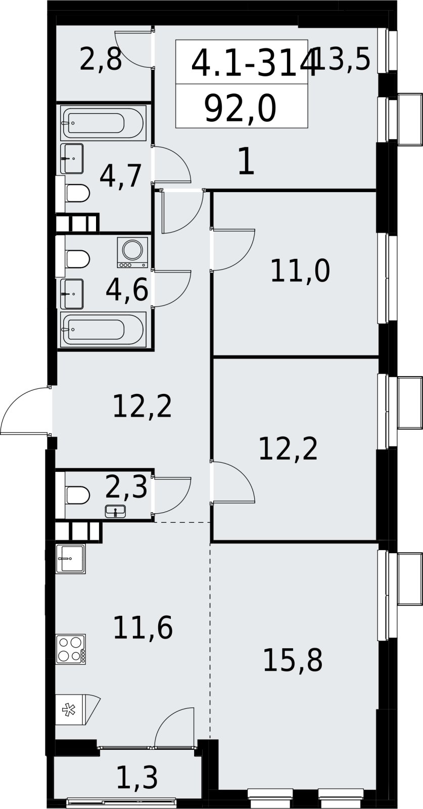 4-комнатная квартира (евро) с полной отделкой, 92 м2, 11 этаж, сдача 2 квартал 2027 г., ЖК Южные сады, корпус 4.1.2 - объявление 2392822 - фото №1